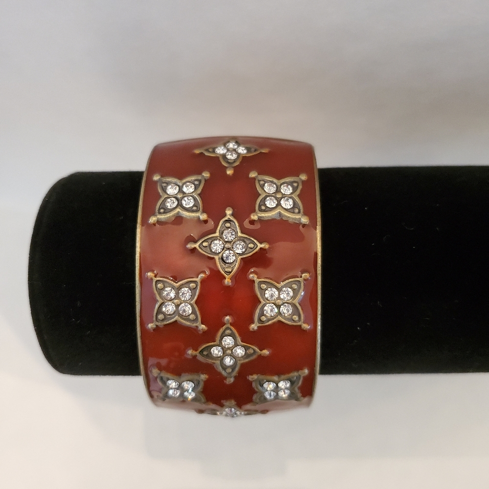 Red Enamel Vintage Cuff Bracelet w Rhinestones